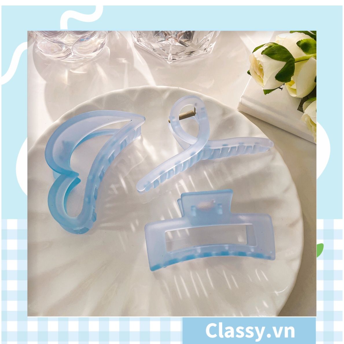 Kẹp càng cua kiểu mới; Họa tiết thạch jelly tông xanh thiên thanh thanh lịch nhiều kích thước PK576