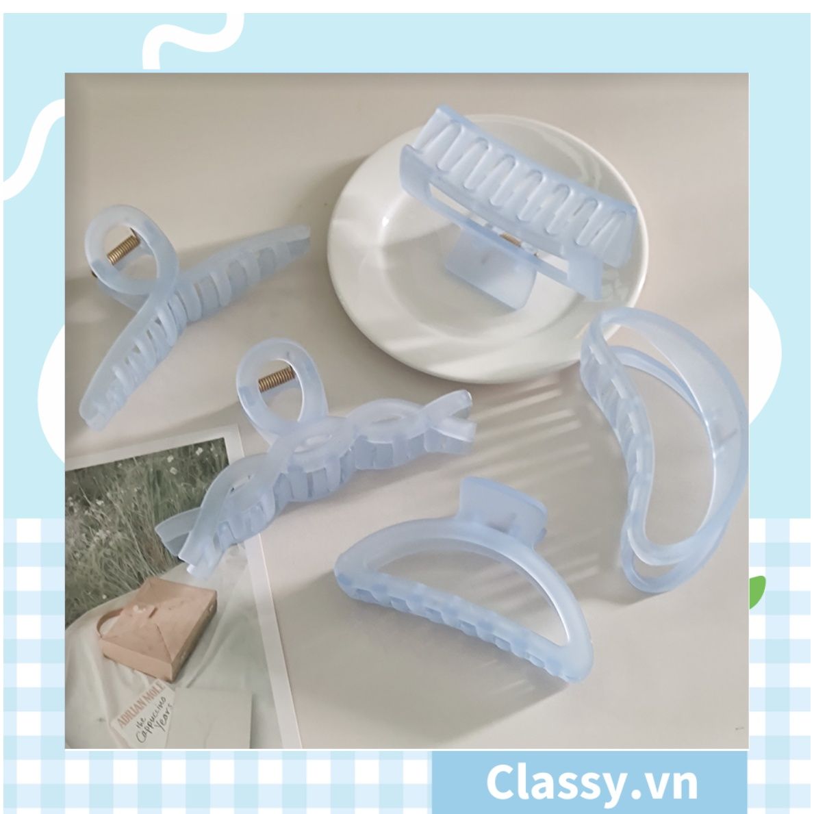 Kẹp càng cua kiểu mới; Họa tiết thạch jelly tông xanh thiên thanh thanh lịch nhiều kích thước PK576