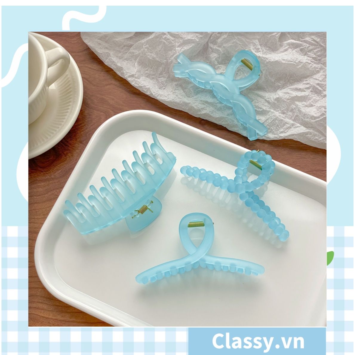 Kẹp càng cua kiểu mới; Họa tiết thạch jelly tông xanh thiên thanh thanh lịch nhiều kích thước PK576