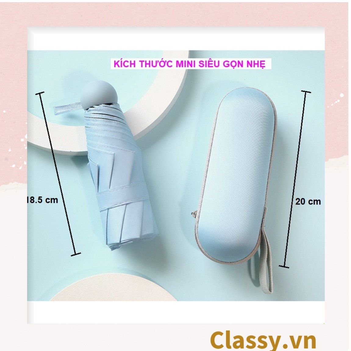 Ô dù đi nắng chỉ số SPF50+ chống tia UV trơn màu, siêu nhỏ, kèm vỏ bọc sang xịn mịn PK610