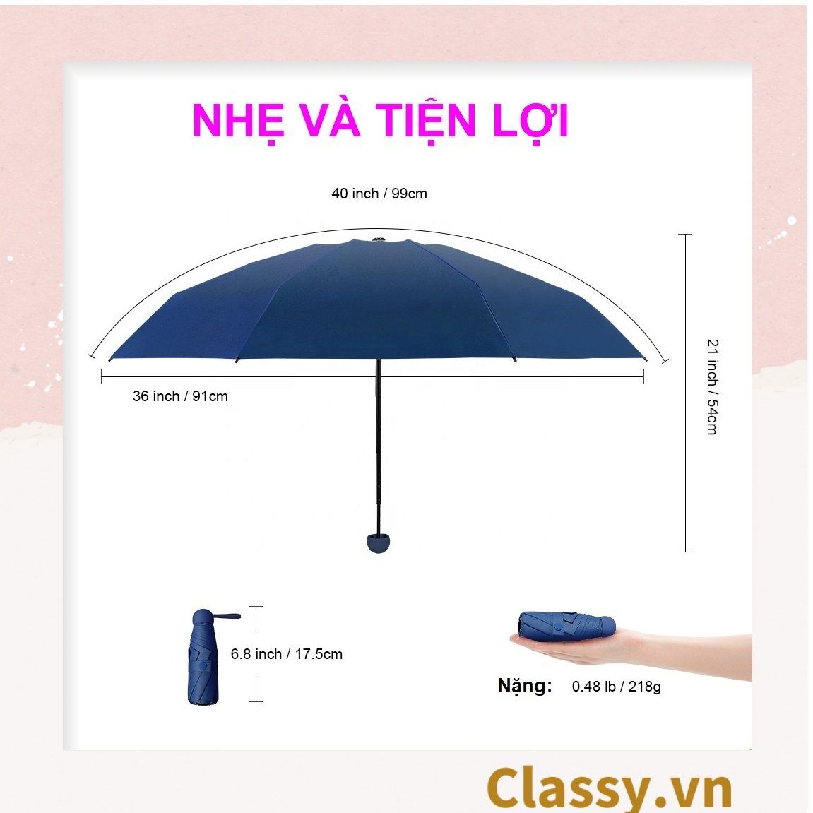Ô dù đi nắng chỉ số SPF50+ chống tia UV trơn màu, siêu nhỏ, kèm vỏ bọc sang xịn mịn PK610