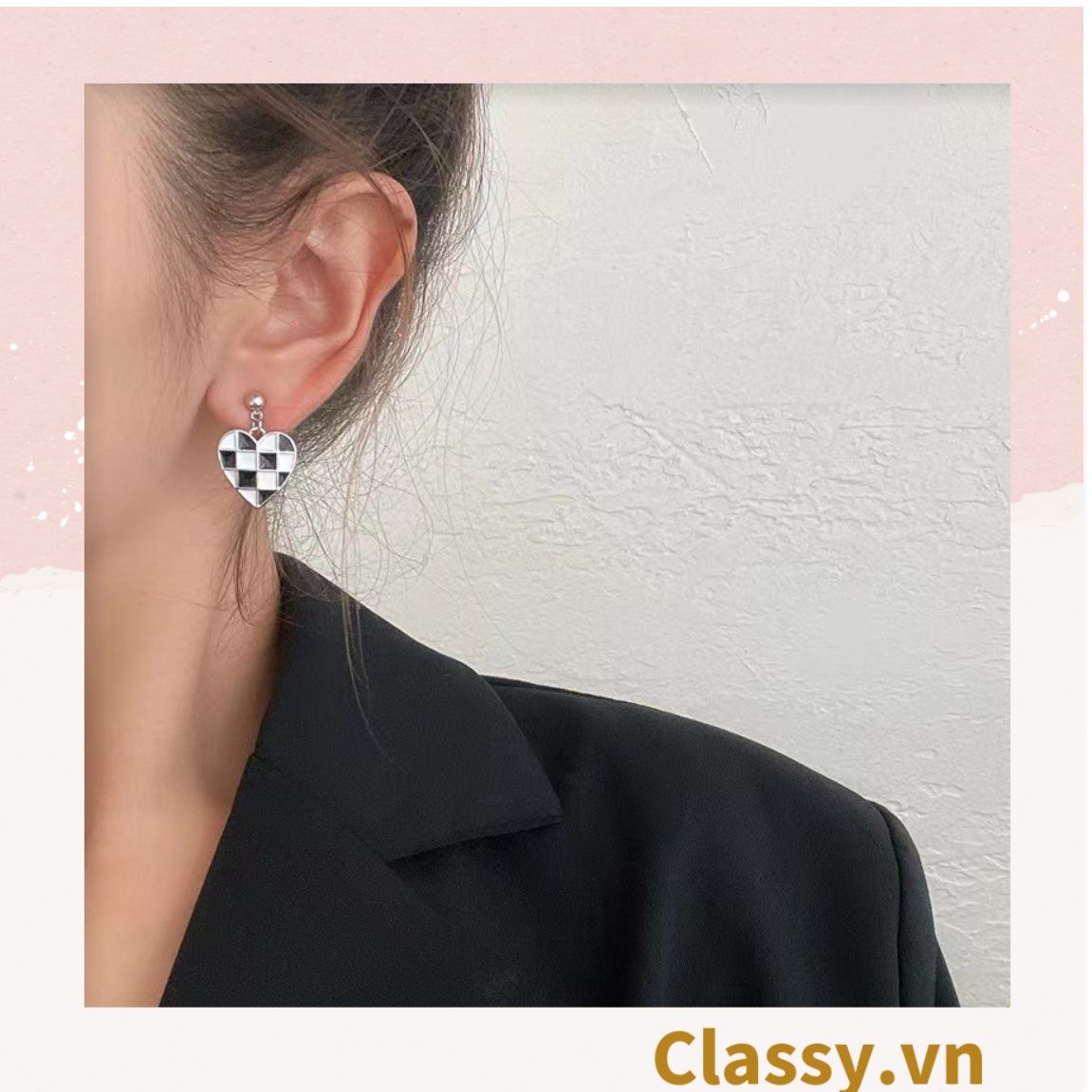 Khuyên tai bạc S925 bất đối xứng hình trái tim vàng và xanh dương thanh lịch nữ tính PK615