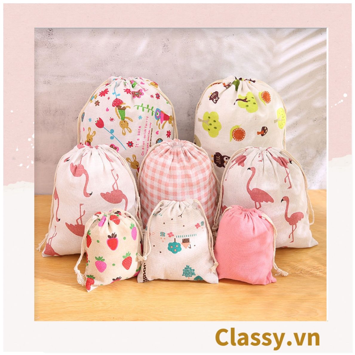 Túi cotton lanh dây rút mini đựng đồ đi du lịch xinh xắn tiện dụng PK646