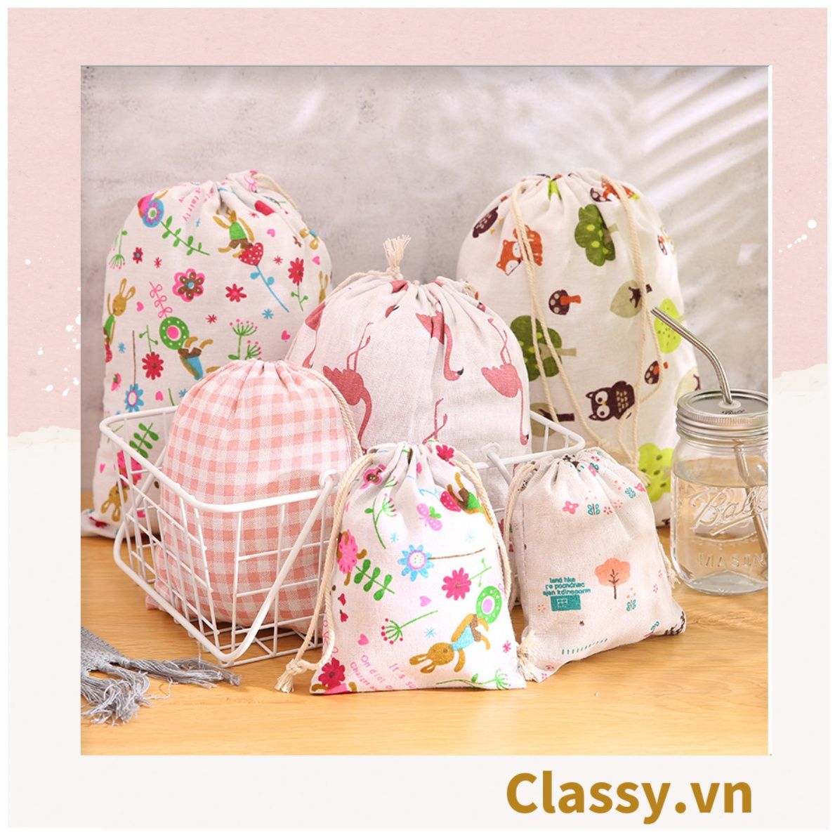 Túi cotton lanh dây rút mini đựng đồ đi du lịch xinh xắn tiện dụng PK646
