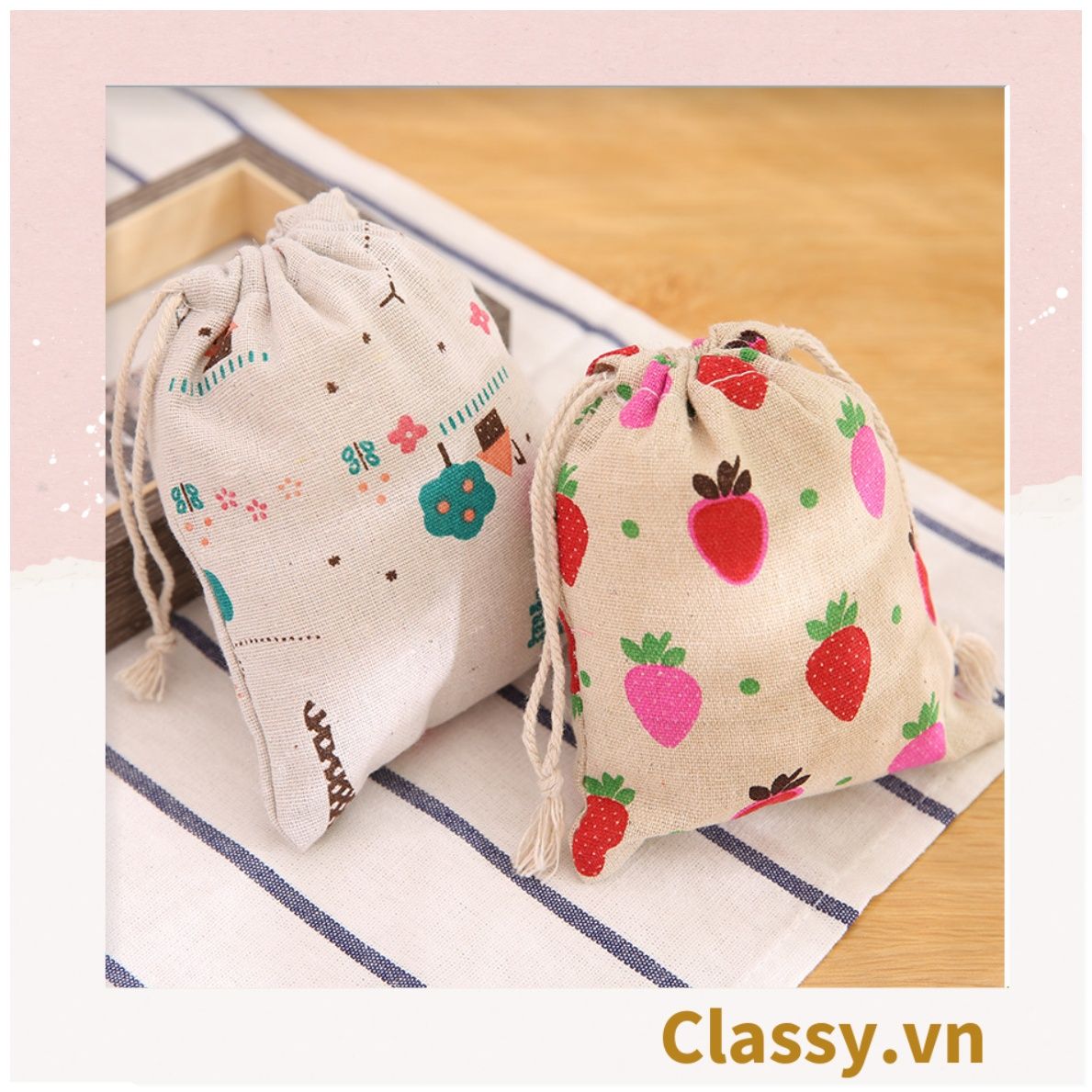 Túi cotton lanh dây rút mini đựng đồ đi du lịch xinh xắn tiện dụng PK646