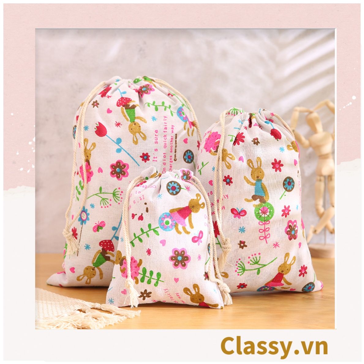 Túi cotton lanh dây rút mini đựng đồ đi du lịch xinh xắn tiện dụng PK646