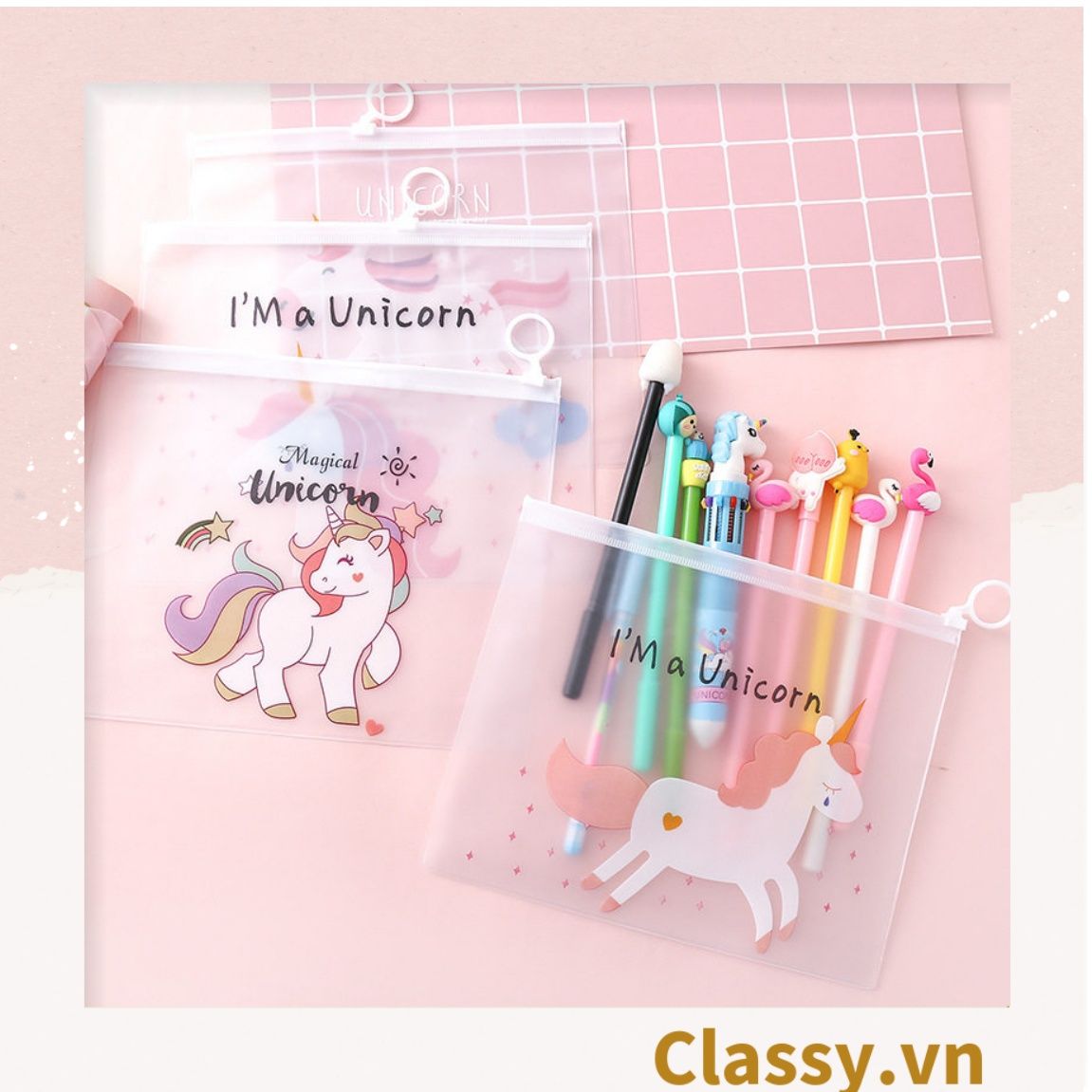 Túi Đựng Bút Chống Thấm Nước In Hình Kỳ Lân và Báo hồng Dễ Thương PK654
