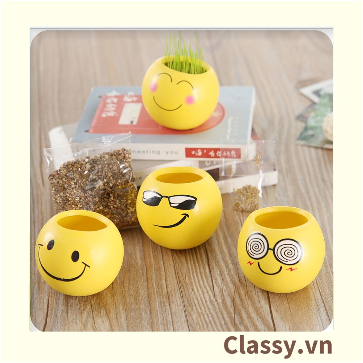  Chậu cây cảnh bằng nhựa mini hình mặt cười đáng yêu, Emojji đẹp, chậu cây hình em bé baby xinh, tặng kèm đất và hạt giống cỏ tóc PK655 