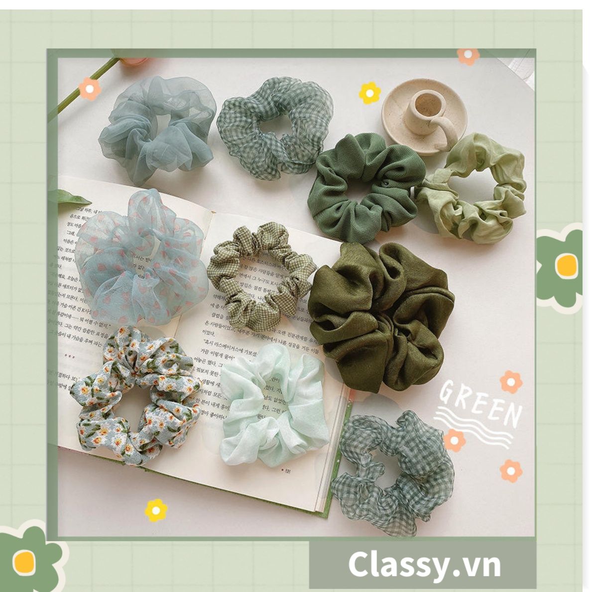  Scrunchies buộc tóc  nhiều họa tiết; tông màu xanh lá nữ tính thanh lịch PK705 