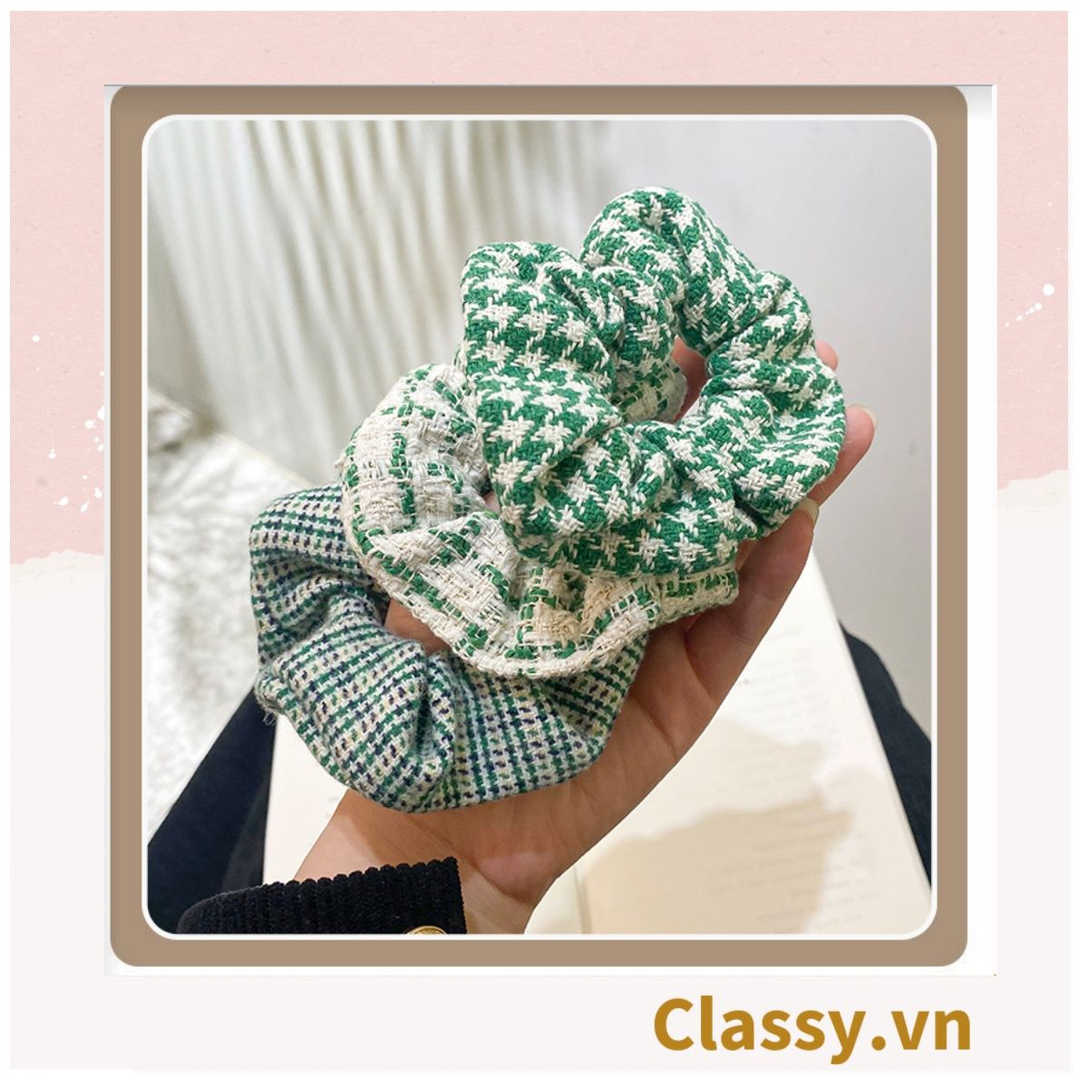  Scrunchies cột tóc, buộc tóc vải tuýt to bản, sang trọng,  họa tiết kẻ sọc tông xanh quý phái thanh lịch PK705 