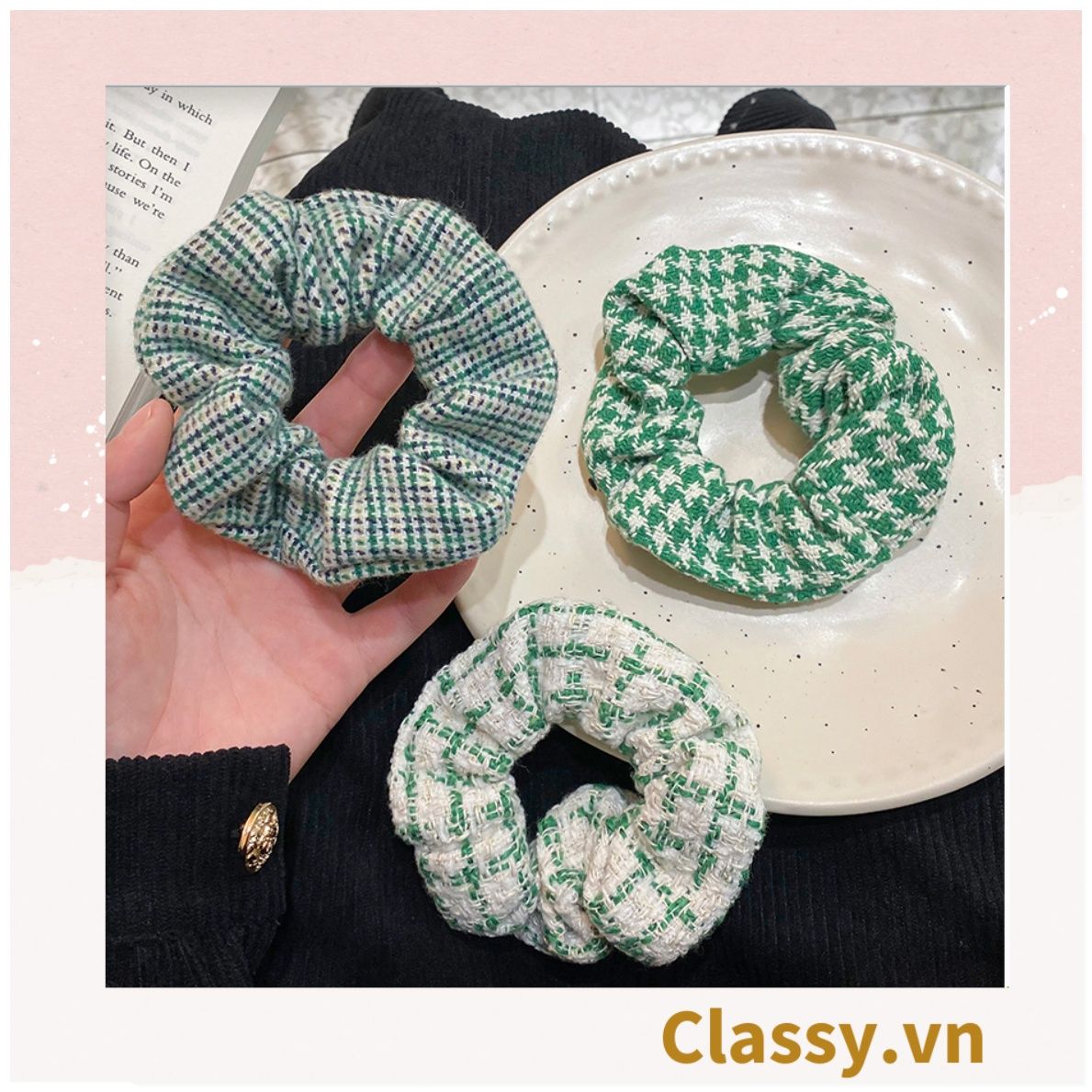  Scrunchies cột tóc, buộc tóc vải tuýt to bản, sang trọng,  họa tiết kẻ sọc tông xanh quý phái thanh lịch PK705 