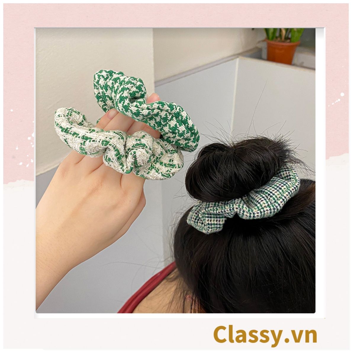  Scrunchies cột tóc, buộc tóc vải tuýt to bản, sang trọng,  họa tiết kẻ sọc tông xanh quý phái thanh lịch PK705 