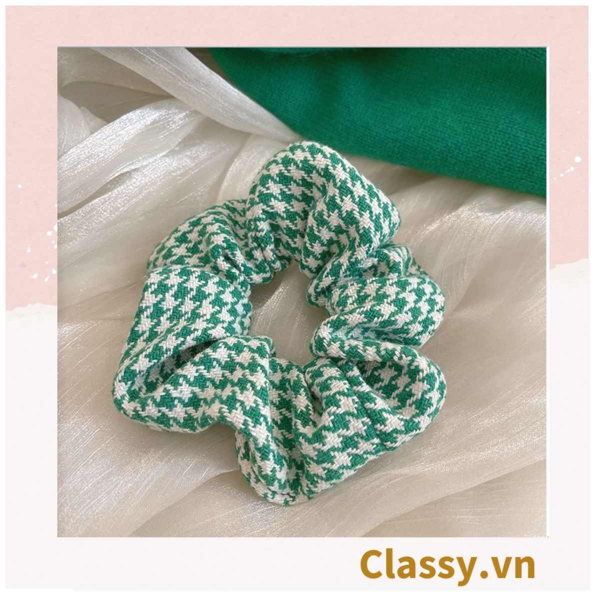 Scrunchies cột tóc, buộc tóc vải tuýt to bản, sang trọng, họa tiết kẻ sọc tông xanh quý phái thanh lịch PK705