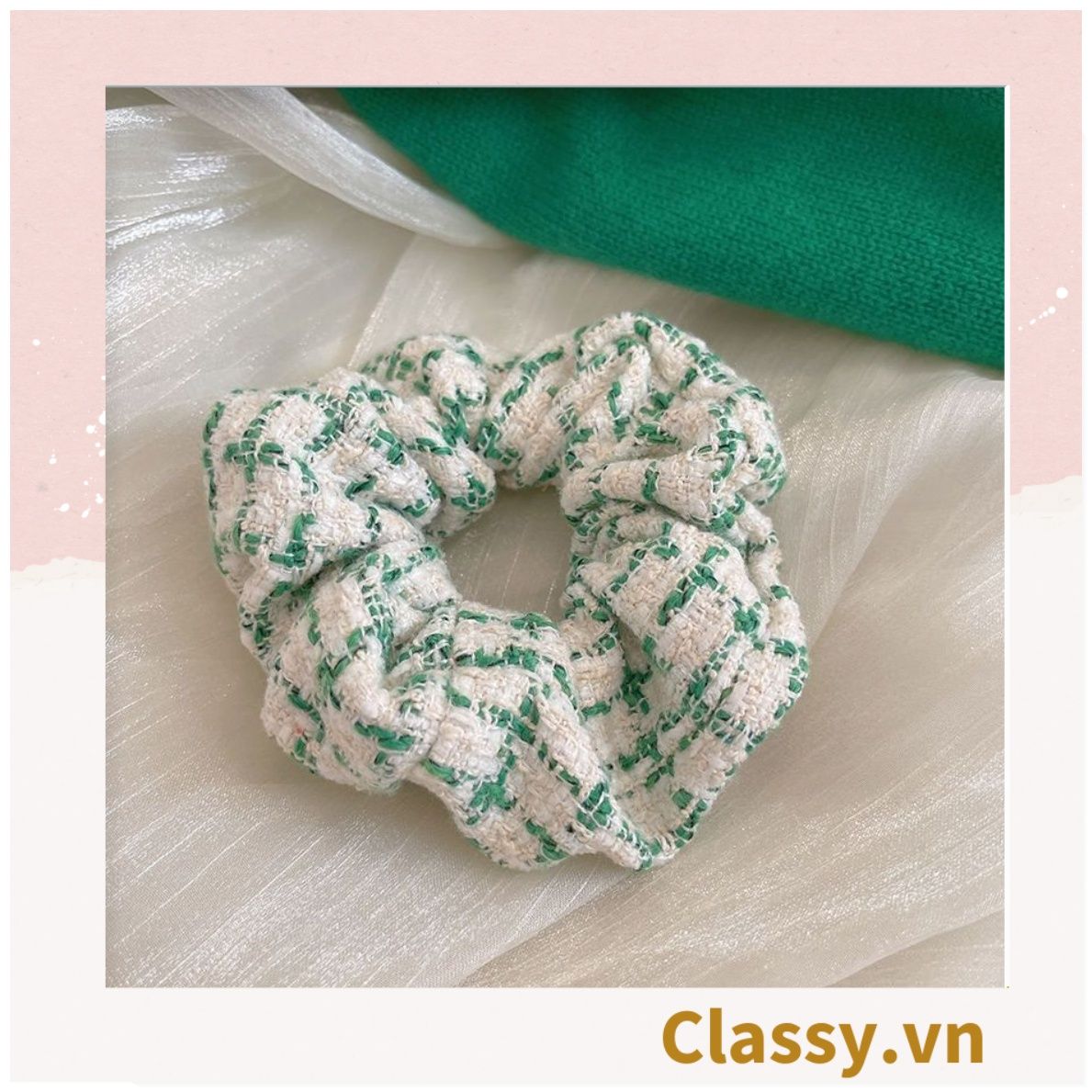  Scrunchies cột tóc, buộc tóc vải tuýt to bản, sang trọng,  họa tiết kẻ sọc tông xanh quý phái thanh lịch PK705 