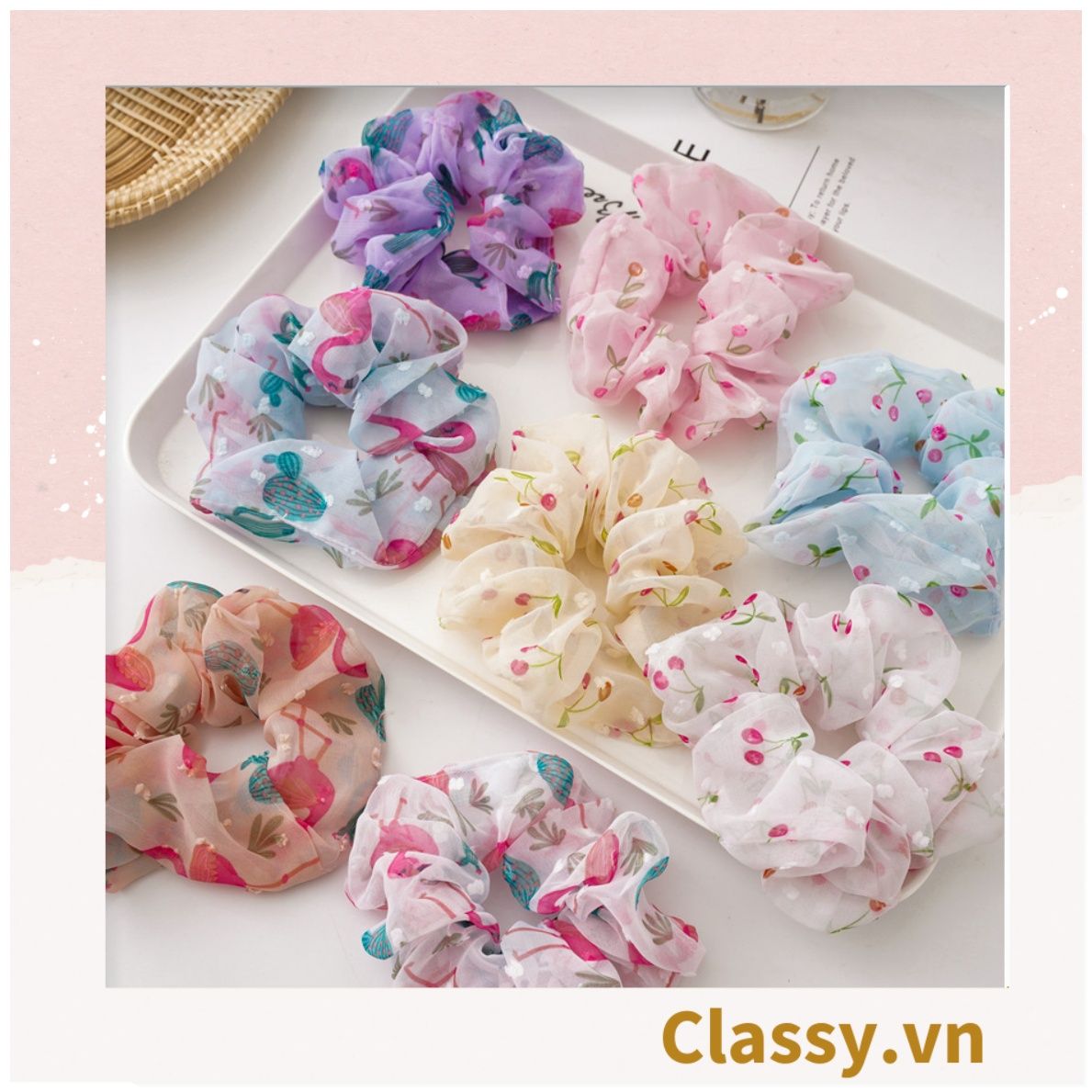  Scrunchies buộc tóc  nhiều họa tiết; họa tiết trái cây nữ tính thanh lịch PK707-PK708 