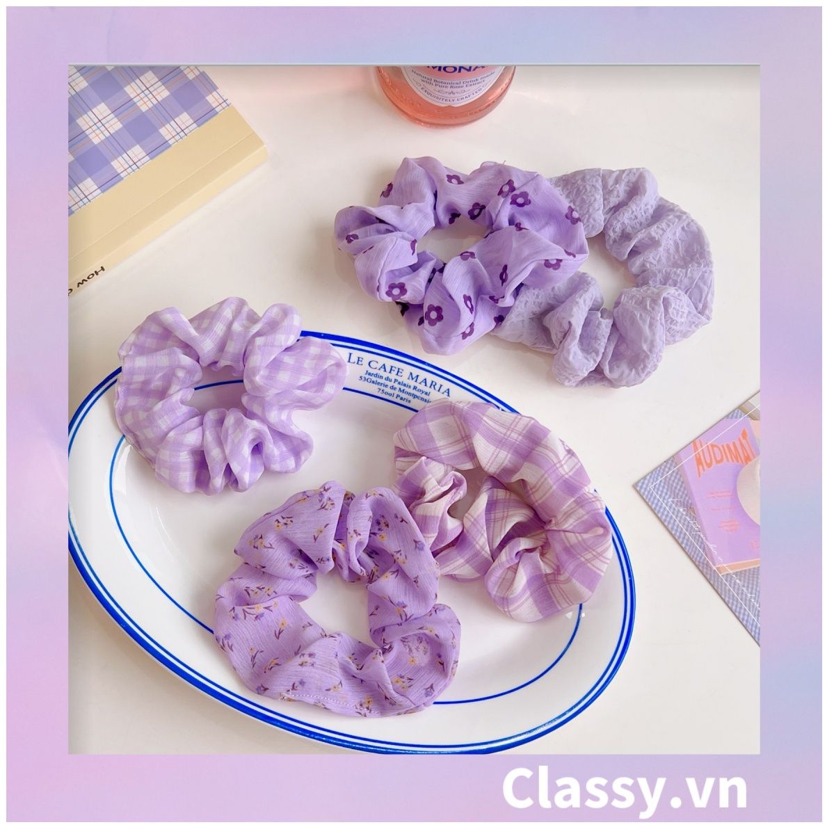  Scrunchies buộc tóc  nhiều họa tiết; họa tiết tông màu tím tính thanh lịch PK709 