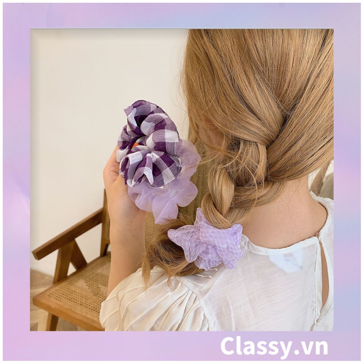  Scrunchies buộc tóc  nhiều họa tiết; họa tiết tông màu tím tính thanh lịch PK709 