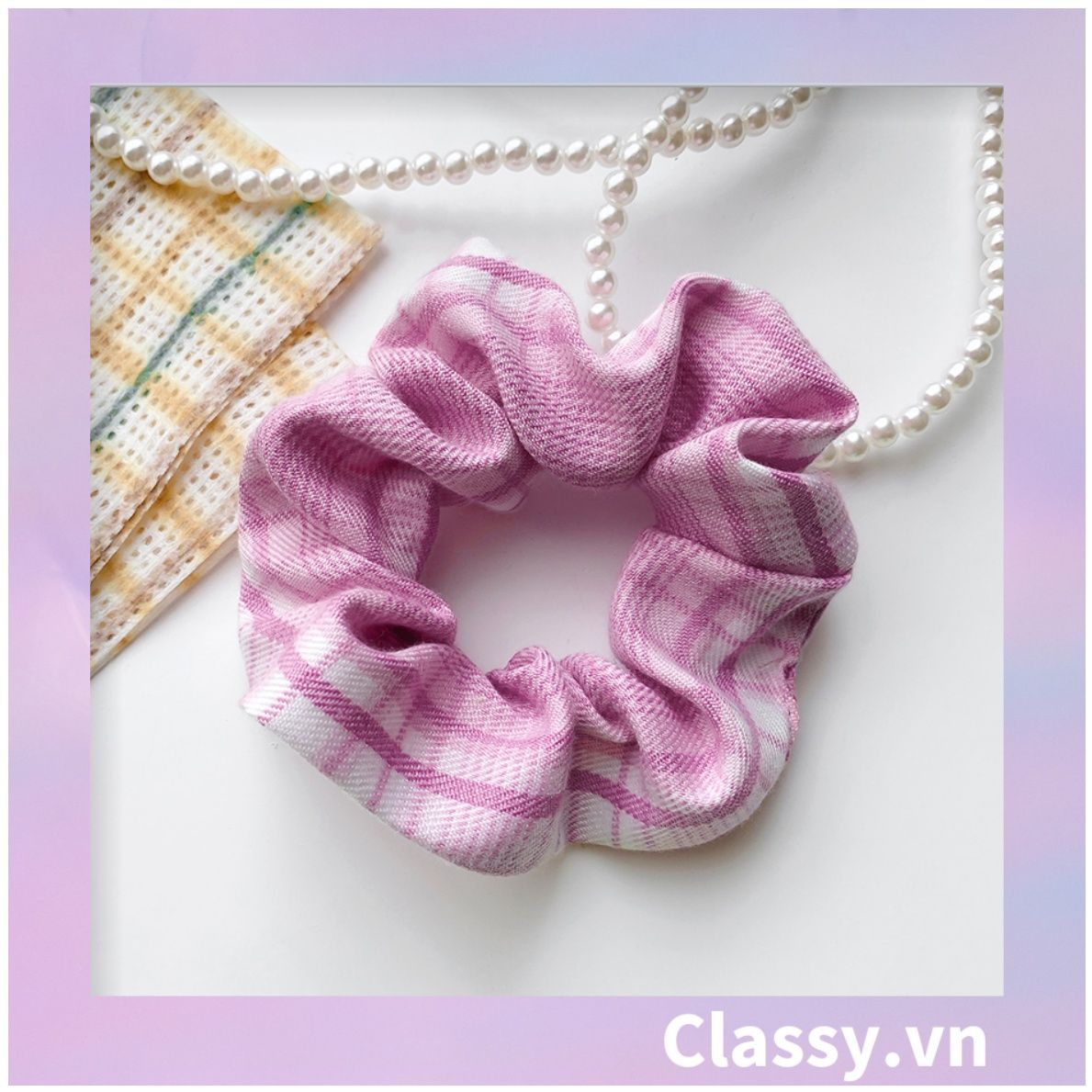  Scrunchies buộc tóc  nhiều họa tiết; họa tiết tông màu tím tính thanh lịch PK709 