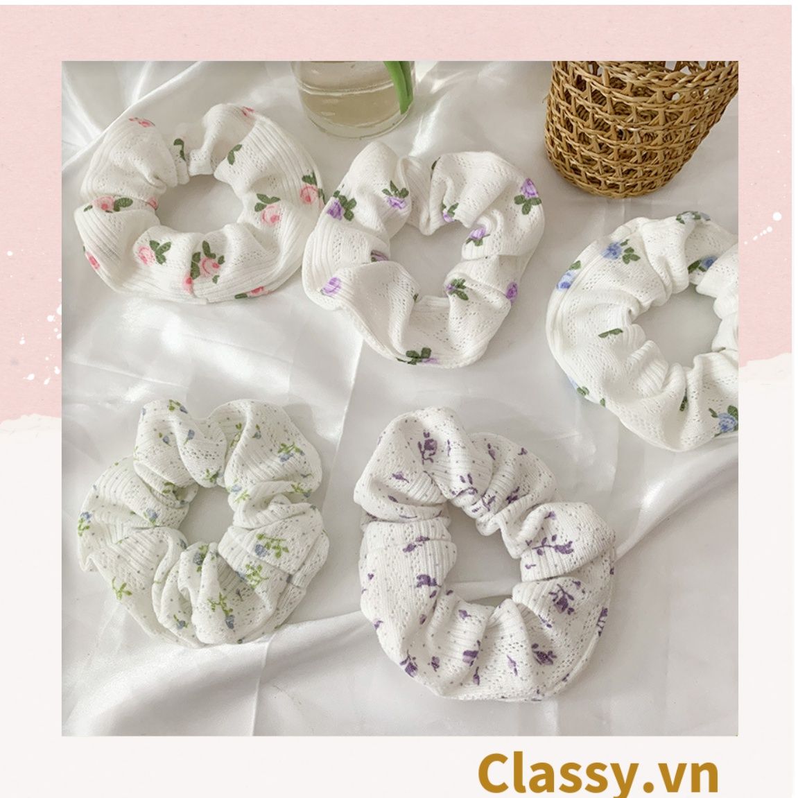  Scrunchies buộc tóc họa tiết  hoa nhí vintage, nữ tính thanh lịch PK711 