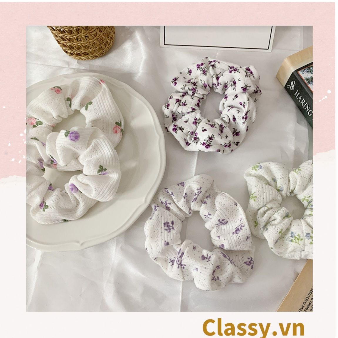 Scrunchies buộc tóc họa tiết hoa nhí vintage, nữ tính thanh lịch PK711