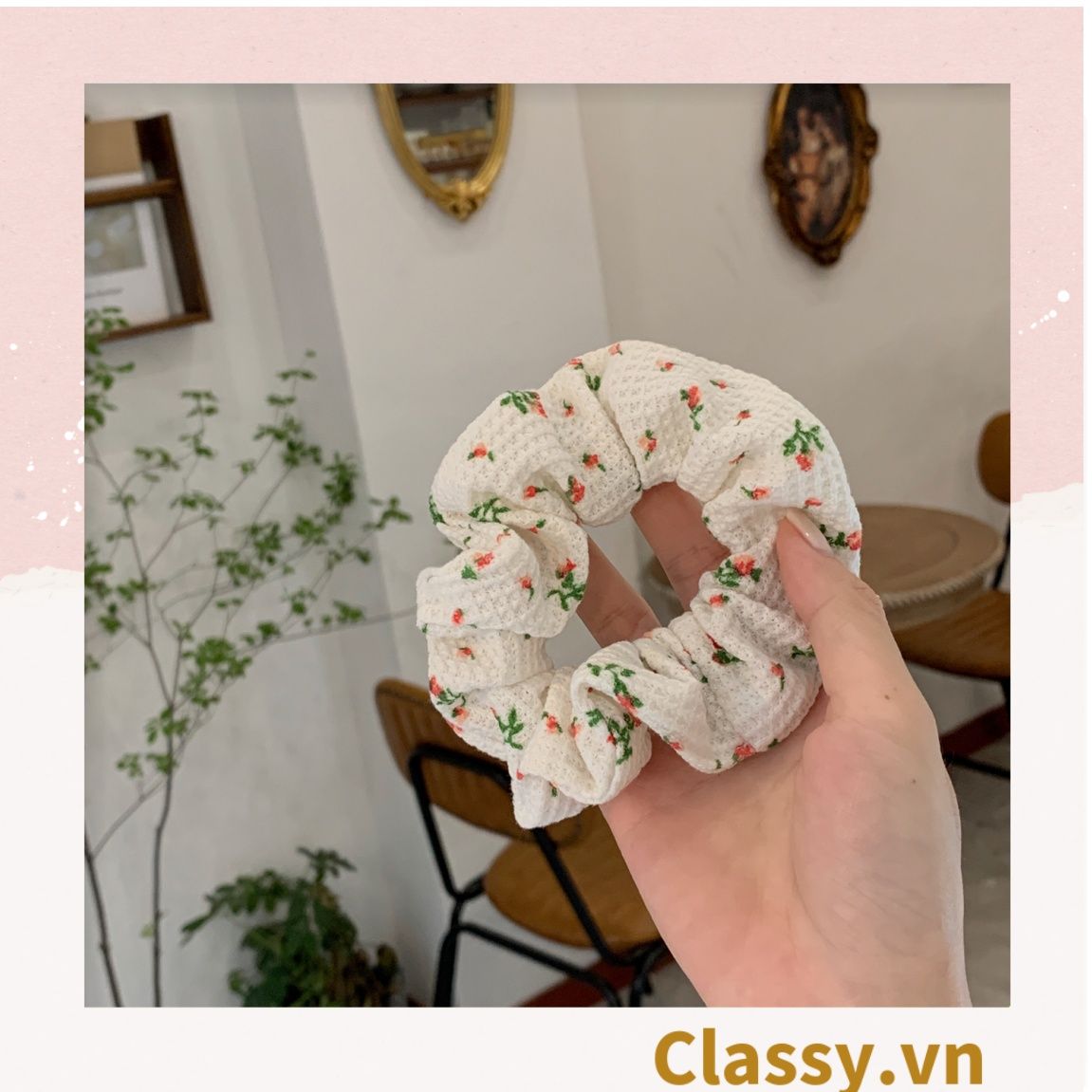  Scrunchies buộc tóc họa tiết  hoa nhí vintage, nữ tính thanh lịch PK711 