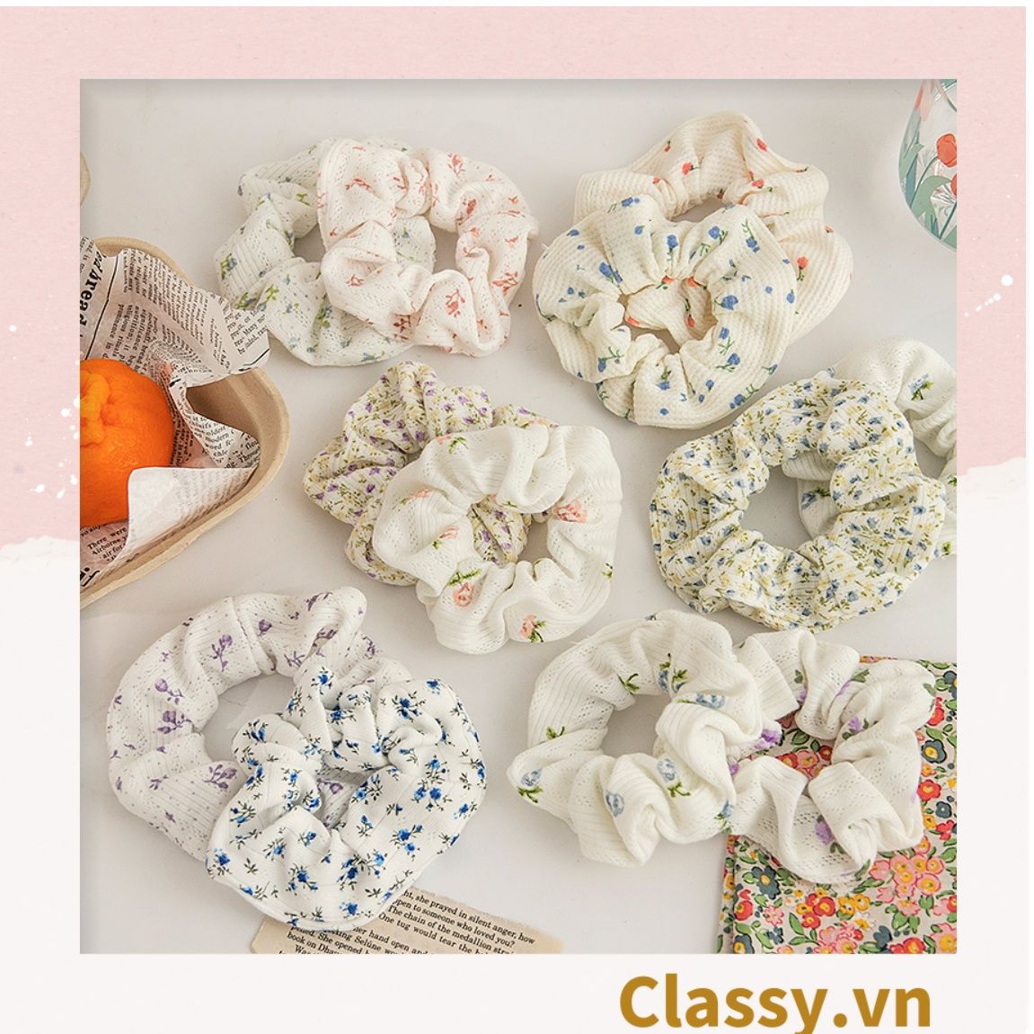 Scrunchies buộc tóc họa tiết hoa nhí vintage, nữ tính thanh lịch PK711