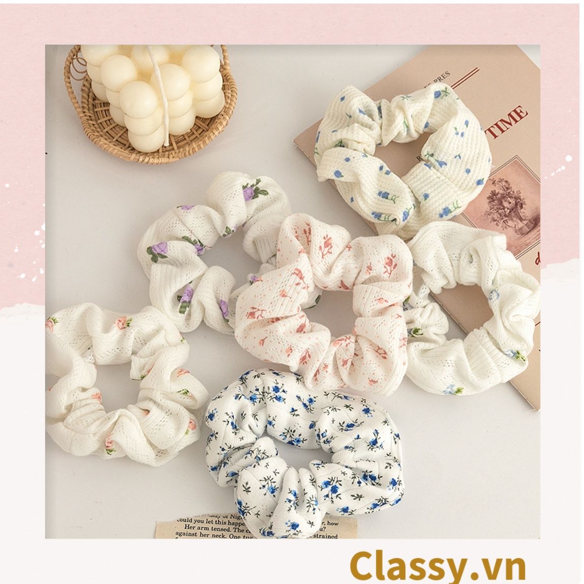 Scrunchies buộc tóc họa tiết hoa nhí vintage, nữ tính thanh lịch PK711