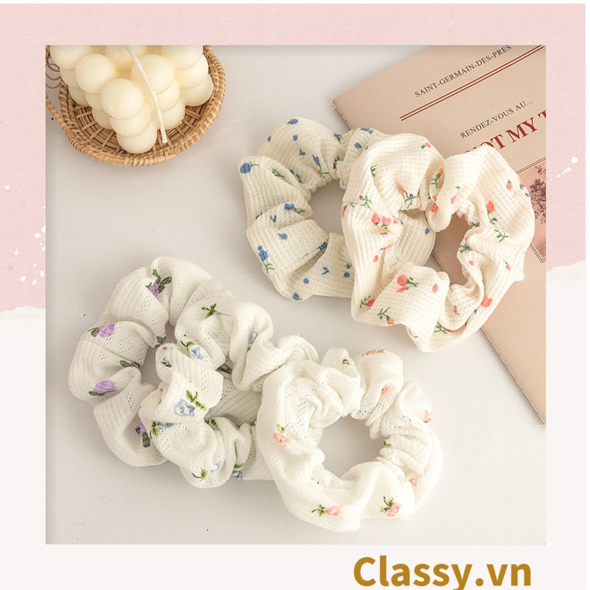  Scrunchies buộc tóc họa tiết  hoa nhí vintage, nữ tính thanh lịch PK711 