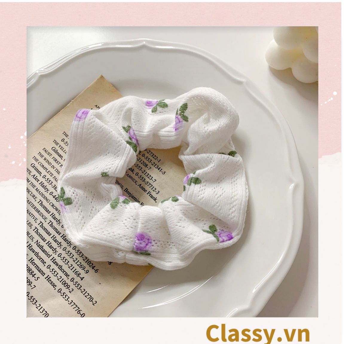  Scrunchies buộc tóc họa tiết  hoa nhí vintage, nữ tính thanh lịch PK711 