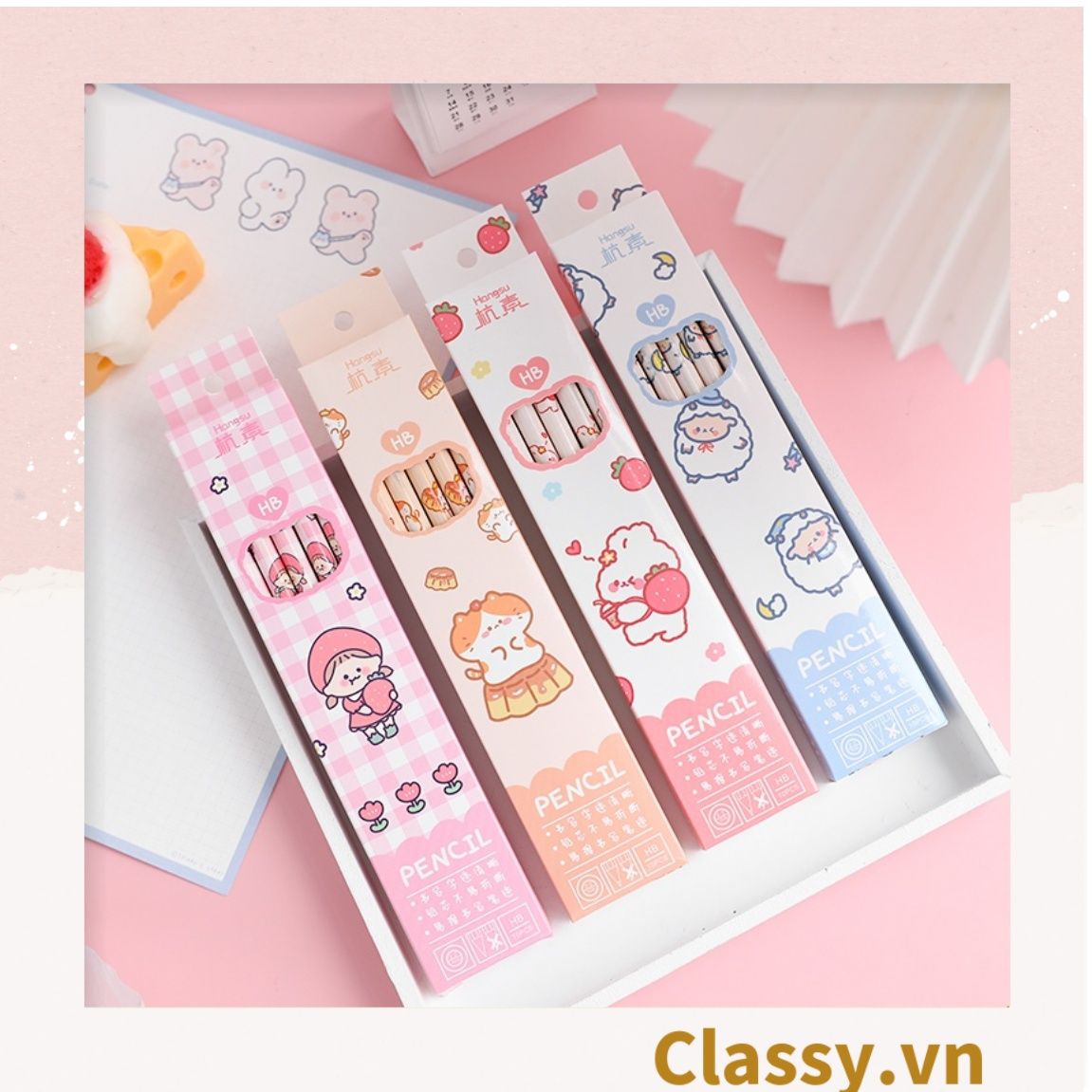 PK724 Bộ 06 bút chì HB nhiều màu tùy chọn cho học sinh/sinh viên; dùng viết lên sổ lưu bút, quà tặng, thiệp