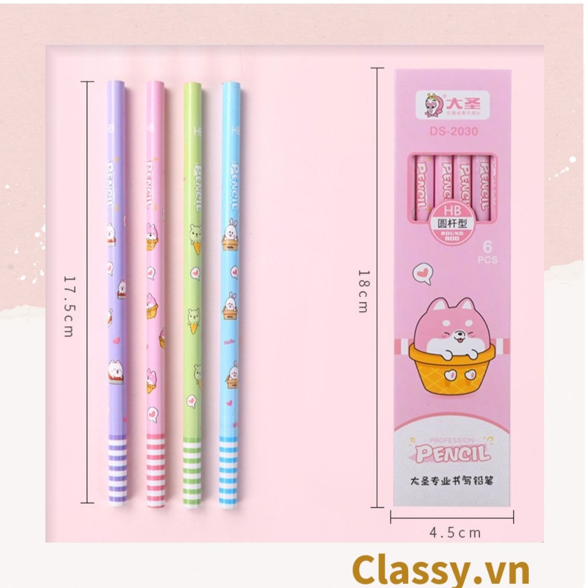 PK724 Bộ 06 bút chì HB nhiều màu tùy chọn cho học sinh/sinh viên; dùng viết lên sổ lưu bút, quà tặng, thiệp