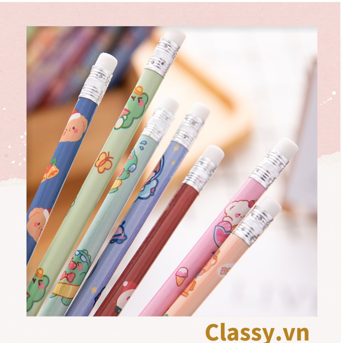 PK724 Bộ 06 bút chì HB nhiều màu tùy chọn cho học sinh/sinh viên; dùng viết lên sổ lưu bút, quà tặng, thiệp