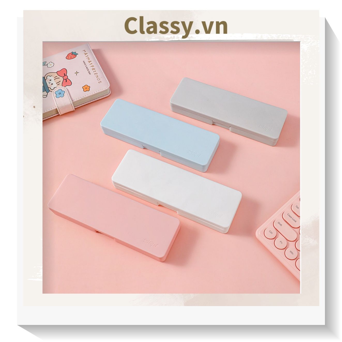 PK725 Hộp đựng bút chất liệu nhựa màu pastel đính họa tiết hoạt hình ngộ nghĩnh xinh xẻo