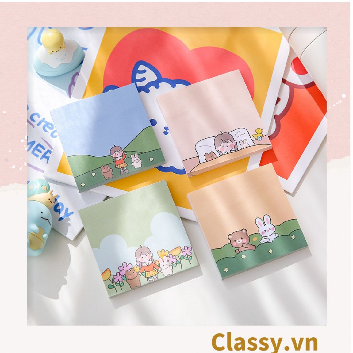 PK726 Tệp 50 tờ Giấy note ghi nhớ Post-It, màu pastel dễ thương in hình hoạt hình; tiện dụng; kích thước 80X 80 Cm