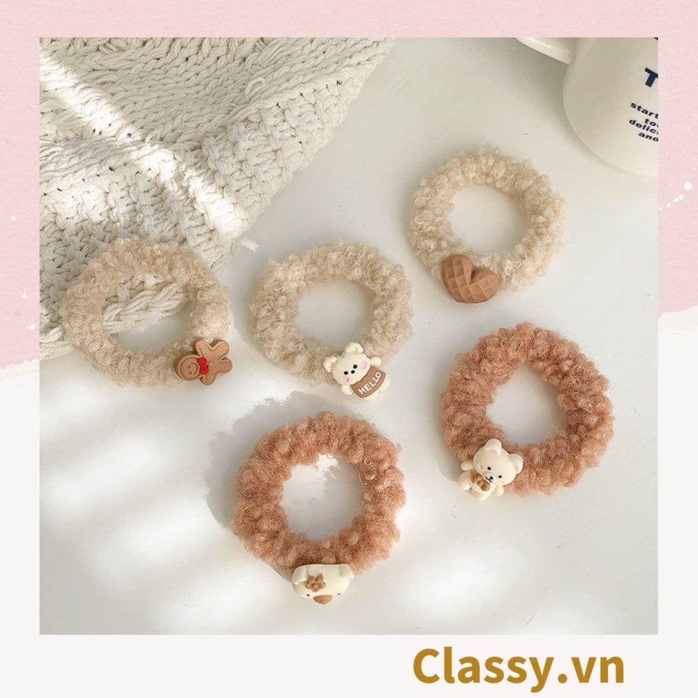 Dây cột tóc gắn họa tiết hoạt hình 3D cute trơn màu chất liệu lông bền chắc PK743