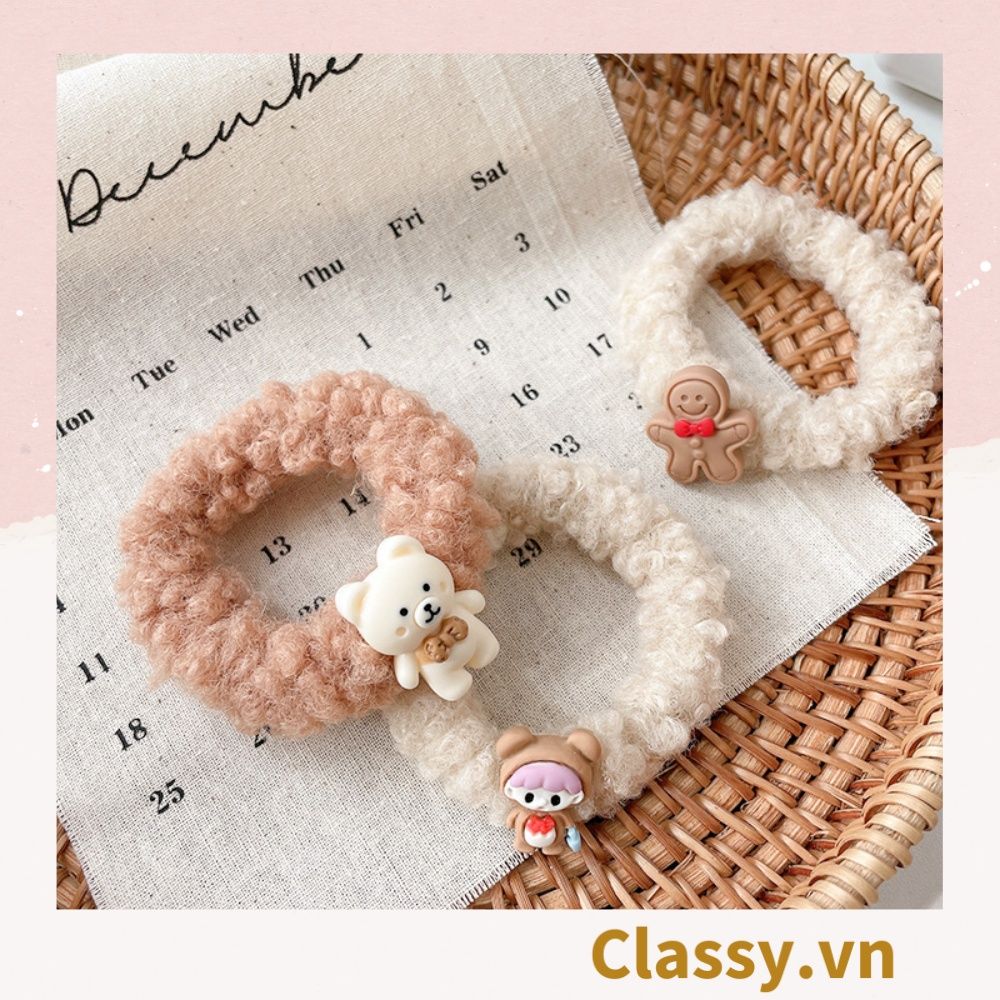 Dây cột tóc gắn họa tiết hoạt hình 3D cute trơn màu chất liệu lông bền chắc PK743