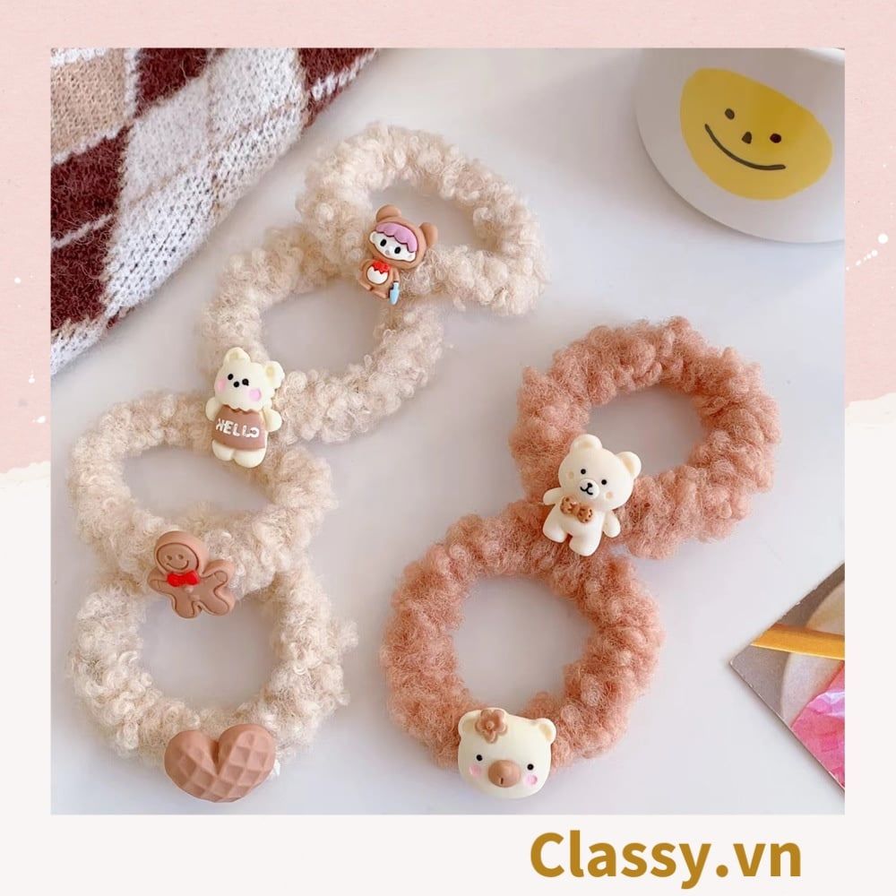 Dây cột tóc gắn họa tiết hoạt hình 3D cute trơn màu chất liệu lông bền chắc PK743