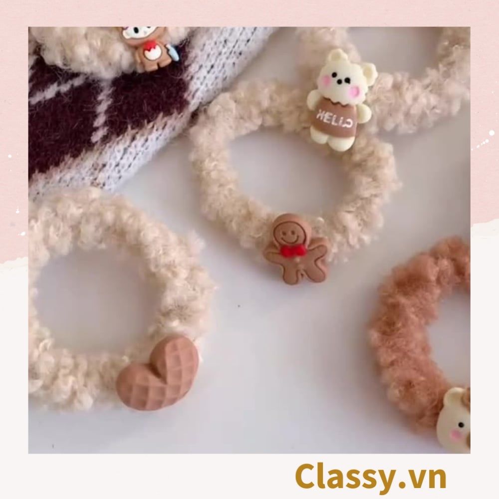 Dây cột tóc gắn họa tiết hoạt hình 3D cute trơn màu chất liệu lông bền chắc PK743