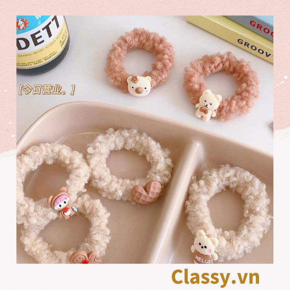 Dây cột tóc gắn họa tiết hoạt hình 3D cute trơn màu chất liệu lông bền chắc PK743