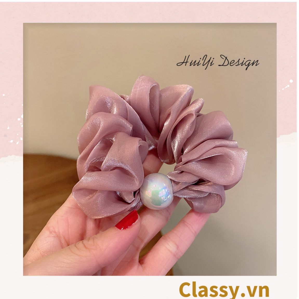 PK772 Scrunchies buộc tóc nhiều trơn màu, đính hạt; tông màu hoàng gia sang chảnh