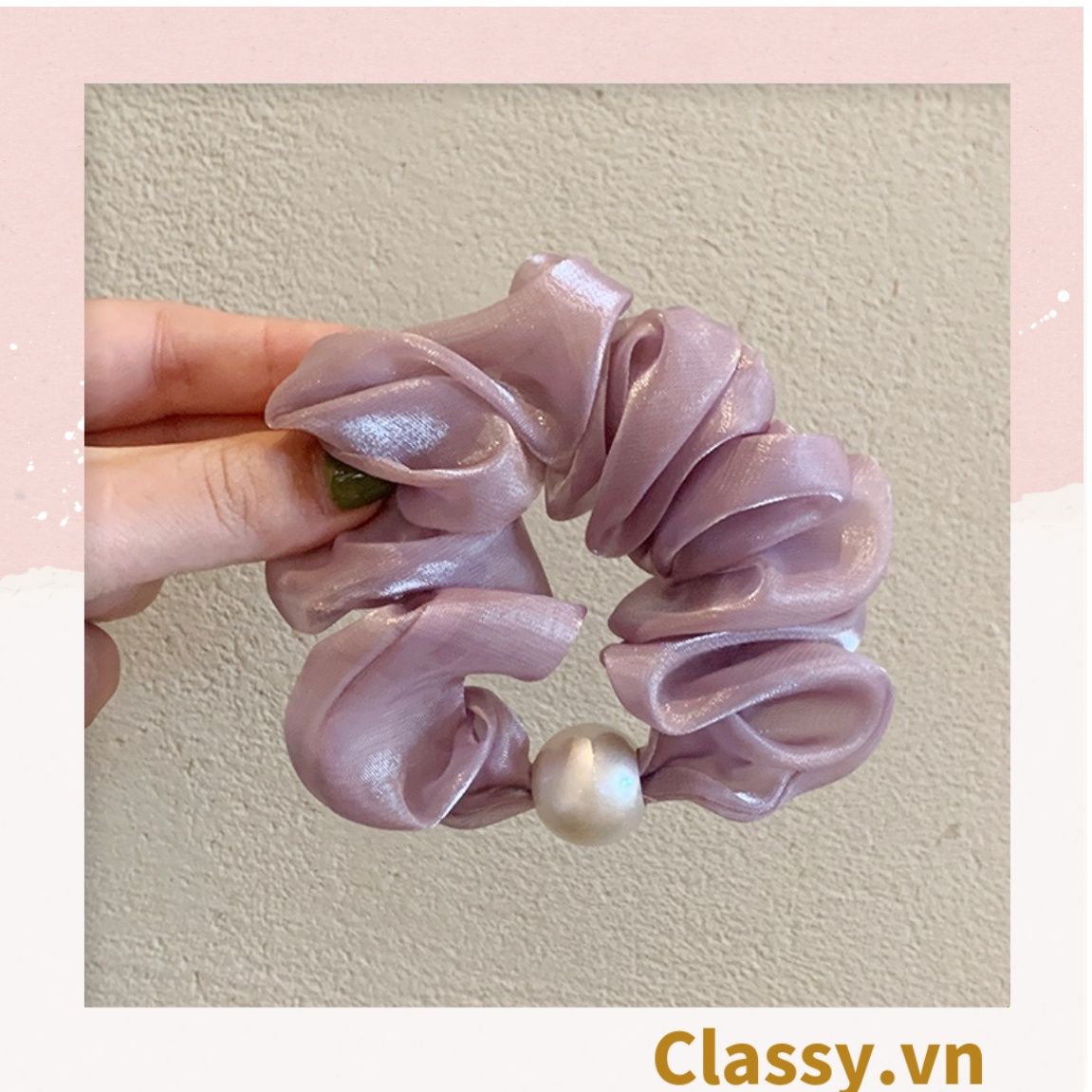 PK772 Scrunchies buộc tóc nhiều trơn màu, đính hạt; tông màu hoàng gia sang chảnh