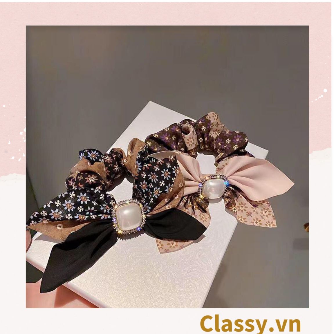 PK773 Scrunchies buộc tóc nhiều tông be, đính hạt; style hoàng gia nhiều lớp sang chảnh