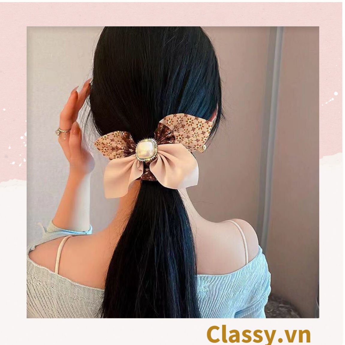 PK773 Scrunchies buộc tóc nhiều tông be, đính hạt; style hoàng gia nhiều lớp sang chảnh