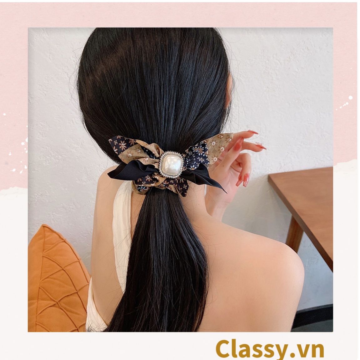PK773 Scrunchies buộc tóc nhiều tông be, đính hạt; style hoàng gia nhiều lớp sang chảnh
