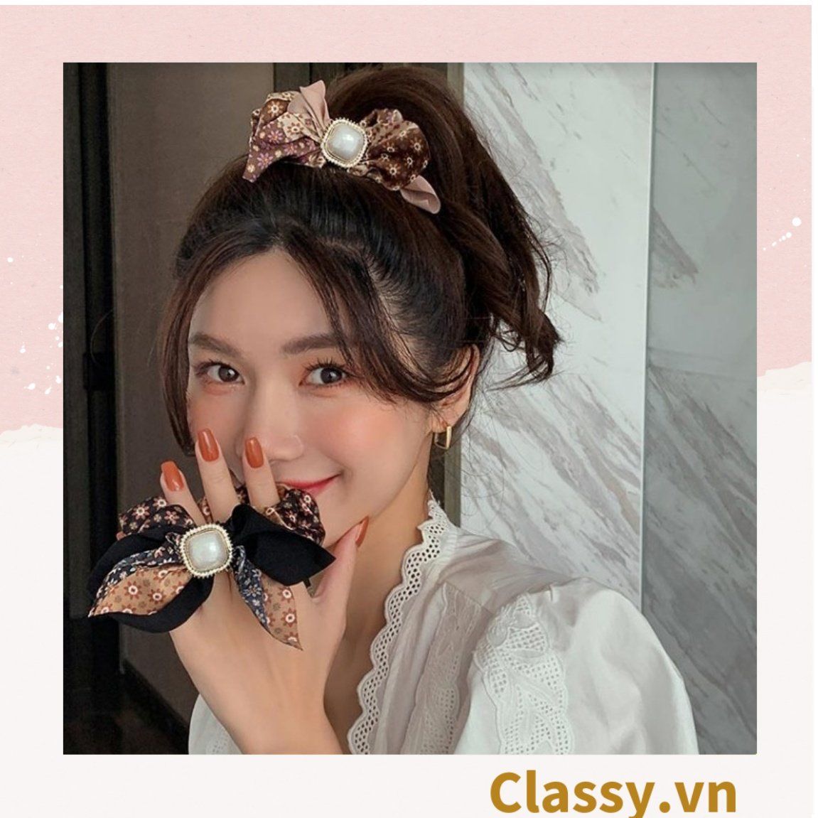 PK773 Scrunchies buộc tóc nhiều tông be, đính hạt; style hoàng gia nhiều lớp sang chảnh