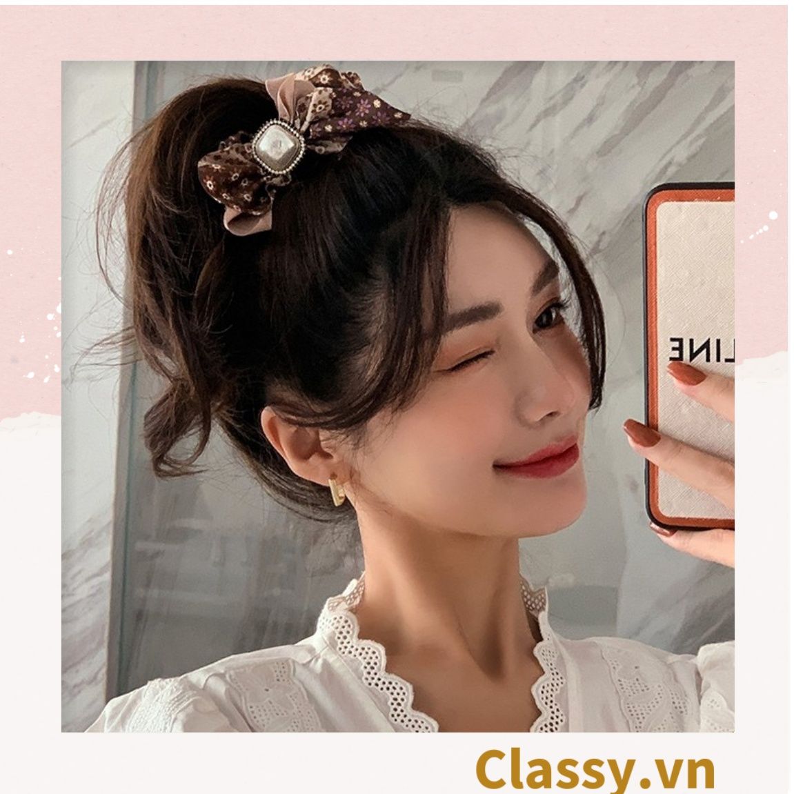 PK773 Scrunchies buộc tóc nhiều tông be, đính hạt; style hoàng gia nhiều lớp sang chảnh