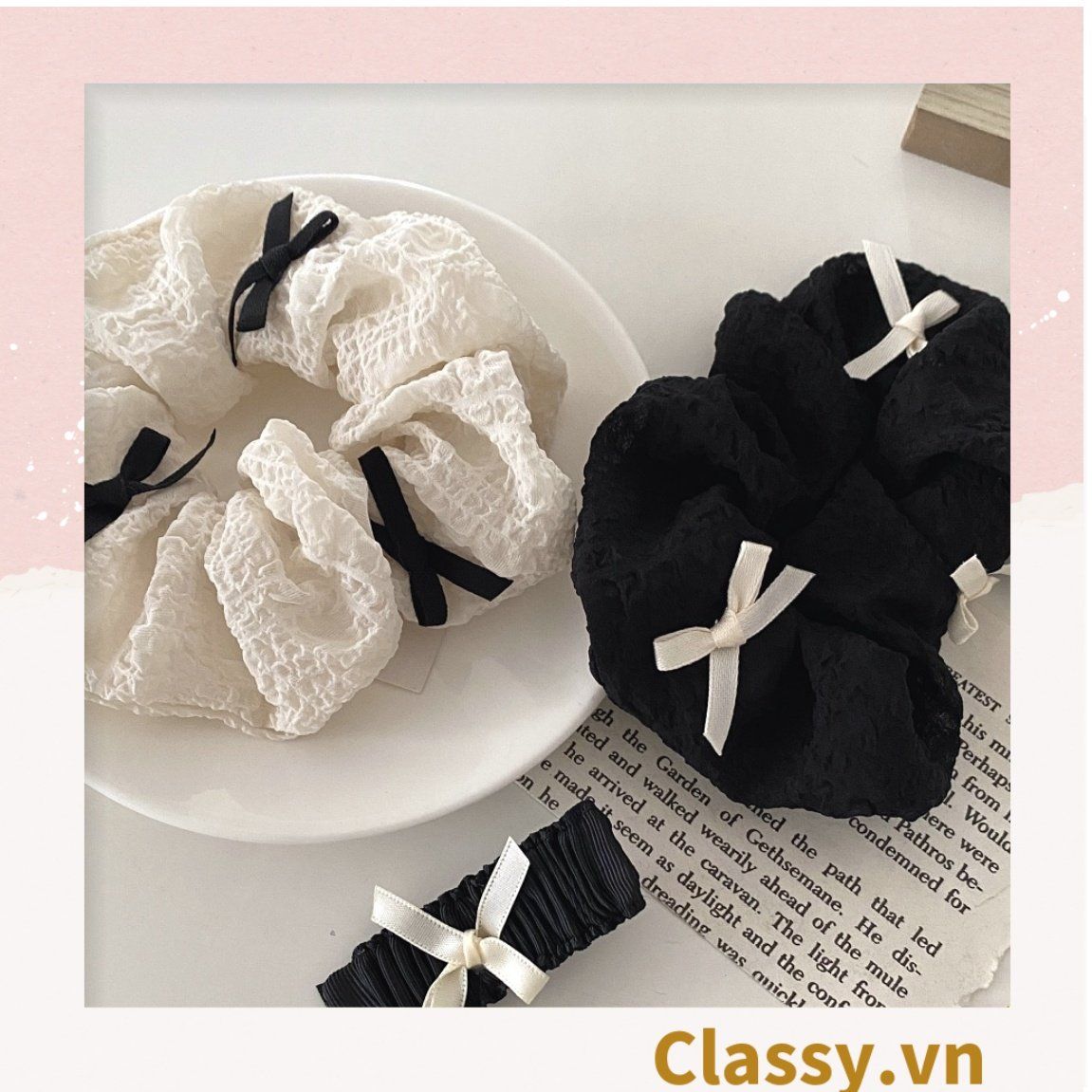 PK774 Bộ sưu tập hoàng gia - Scrunchies, kẹp tóc, nơ buộc tóc tông be, gắn ruy băng và đính đá nhiều lớp sang chảnh