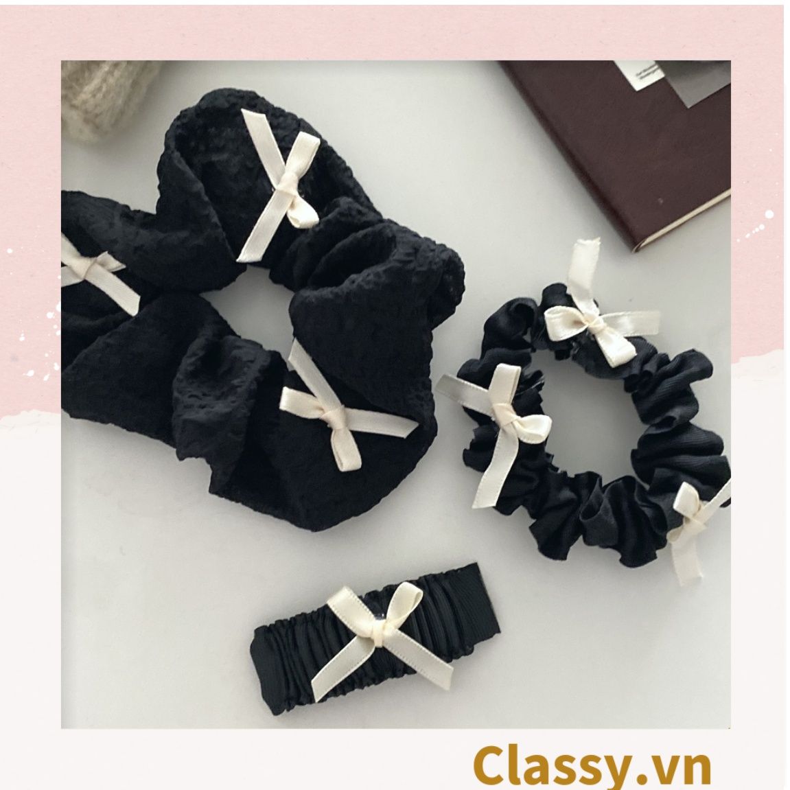 PK774 Bộ sưu tập hoàng gia - Scrunchies, kẹp tóc, nơ buộc tóc tông be, gắn ruy băng và đính đá nhiều lớp sang chảnh