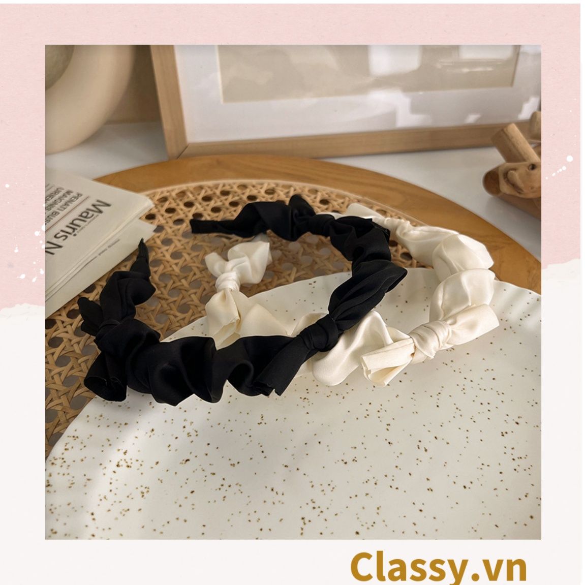 PK774 Bộ sưu tập hoàng gia - Scrunchies, kẹp tóc, nơ buộc tóc tông be, gắn ruy băng và đính đá nhiều lớp sang chảnh