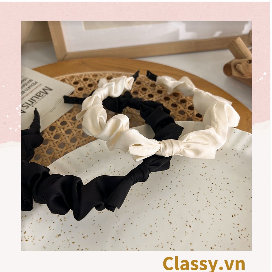 PK774 Bộ sưu tập hoàng gia - Scrunchies, kẹp tóc, nơ buộc tóc tông be, gắn ruy băng và đính đá nhiều lớp sang chảnh